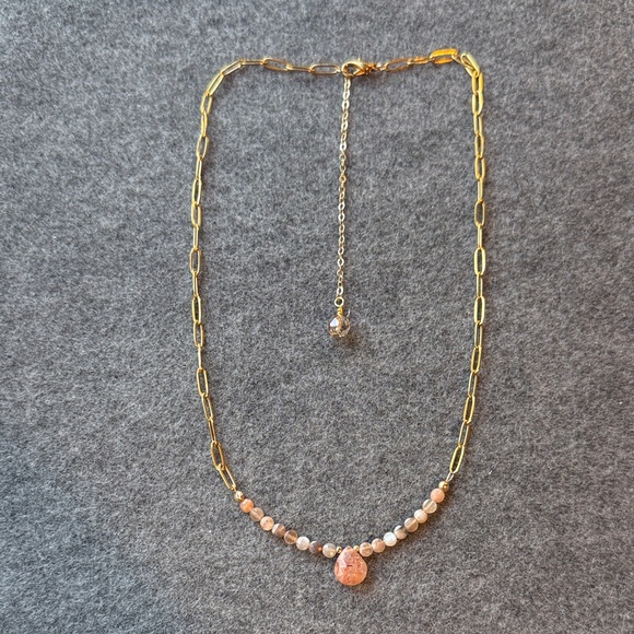 Custom Gold, Amber & Gray Moonstone Beaded Necklace. Non tarnish - Picture 1 of 1